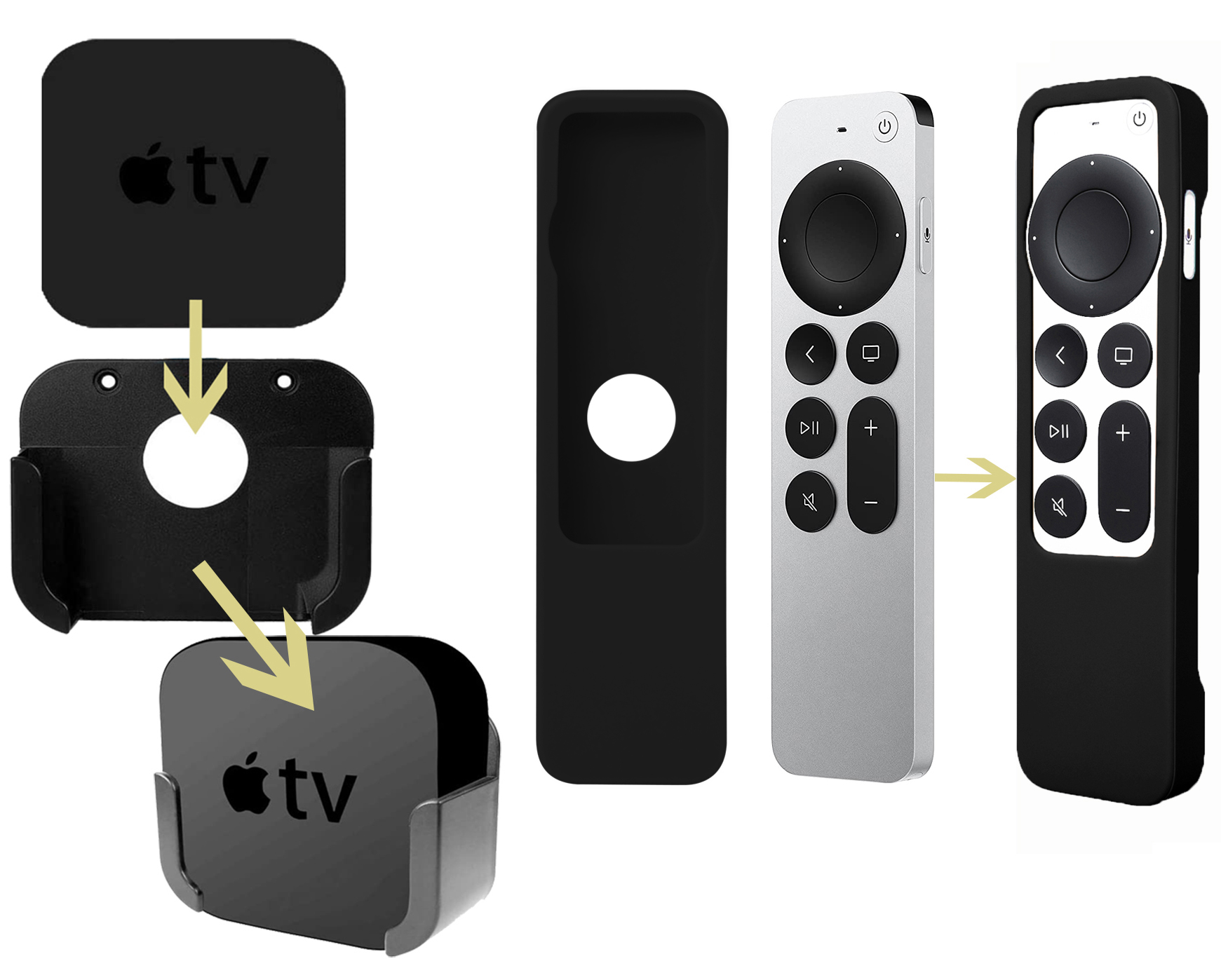 TOKERSE TV Mount with Remote Case Compatible with Apple TV 4th and 4K Generation - Wall Mount Bracket Holder and Siri Remote Silicone Protective Cover Skin Fit for Apple TV 4 HD and 4K 5th Gen - Black